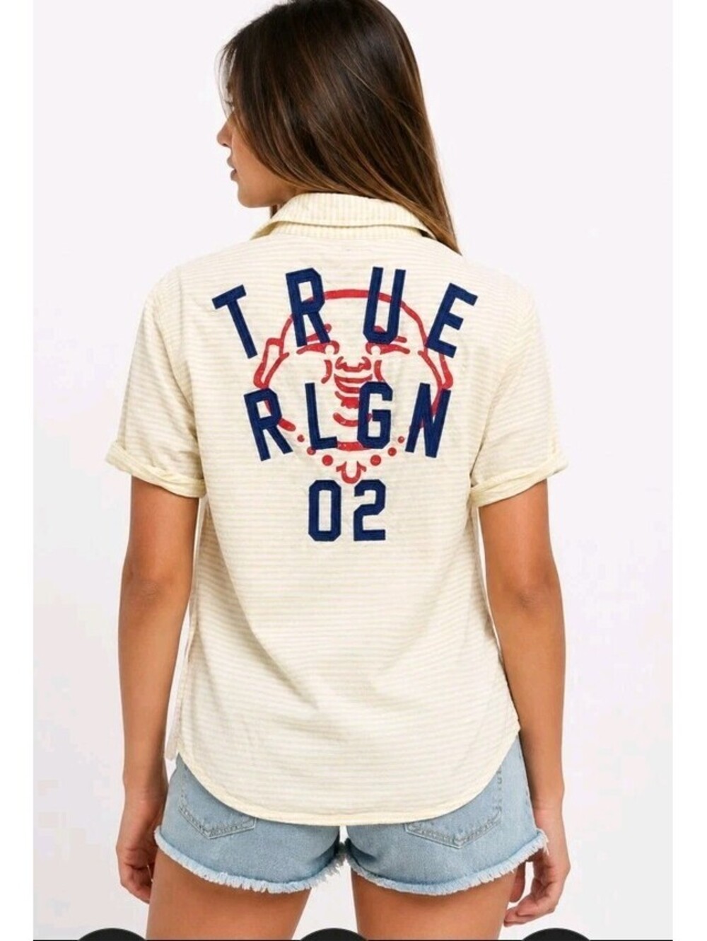 True Religion short-sleeve button-up Size L shirt Buddha graphic Striped #CC